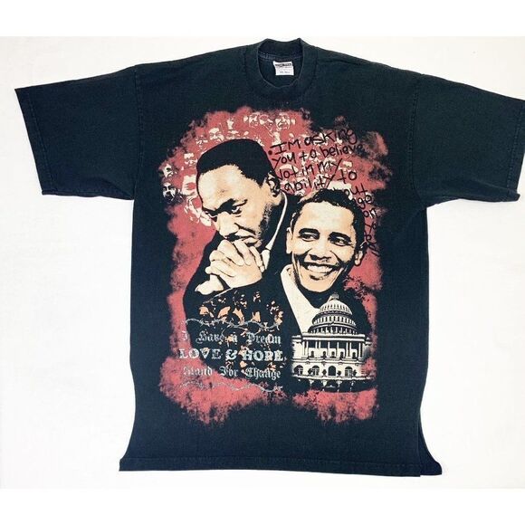 Vintage Barack Obama MLK Martin Luther King T-shirt Black 2XL Tall Rap Tee - Picture 1 of 7